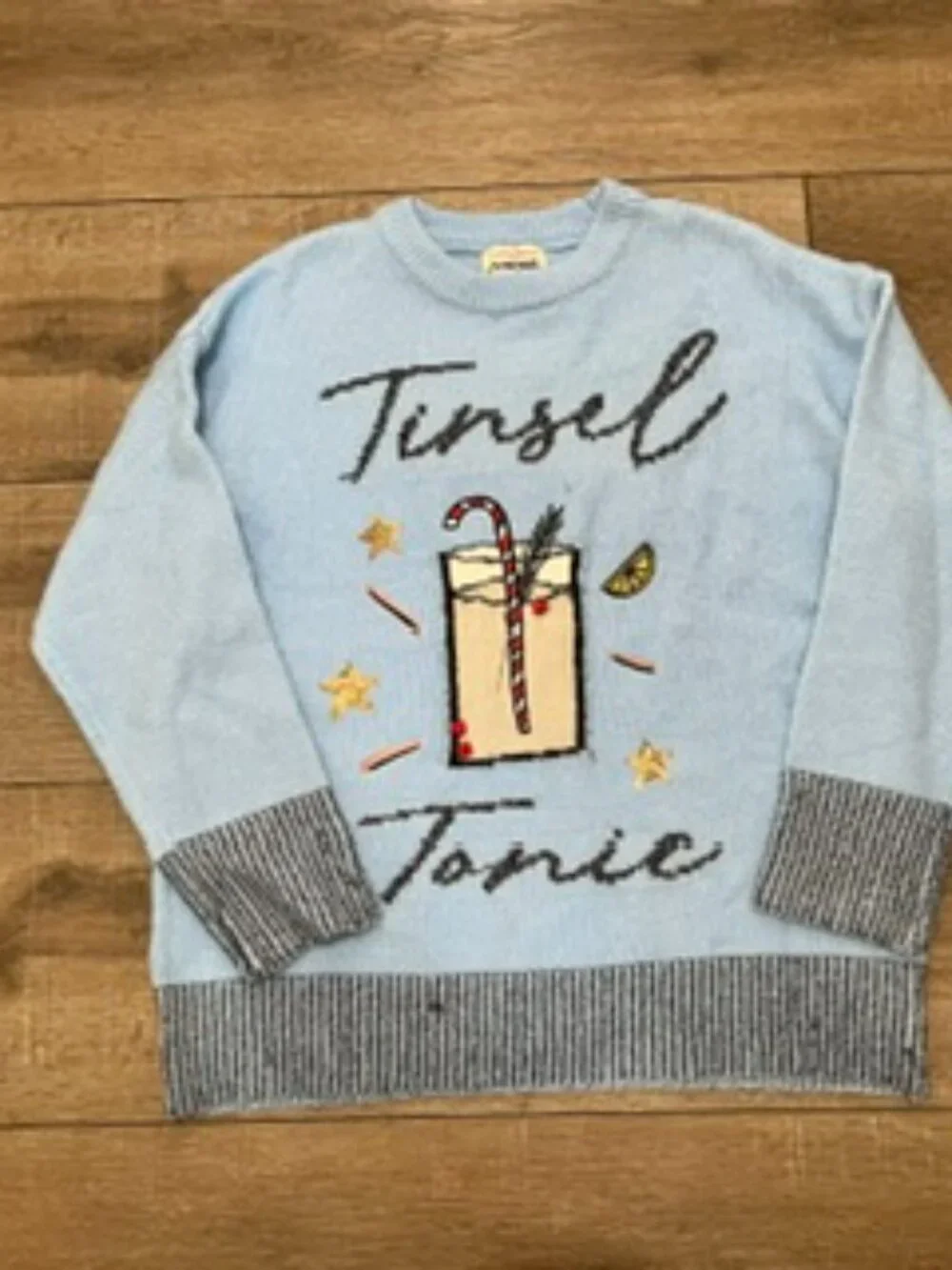 NEW Vigoss Tinsel Tonic women’s Large Sweater Christmas Holiday Lt Blue NWT